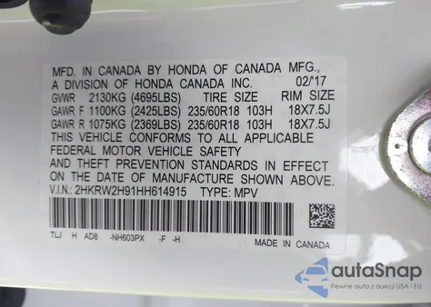 2017 Honda Cr-V Touring from USA, damaged, VIN 2HKRW2H91HH614915